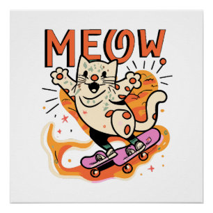 Cat Skating Meow Poster