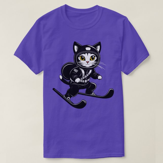 Cat Skiing Wearing Black Ski Suit T-Shirt (Design Front)