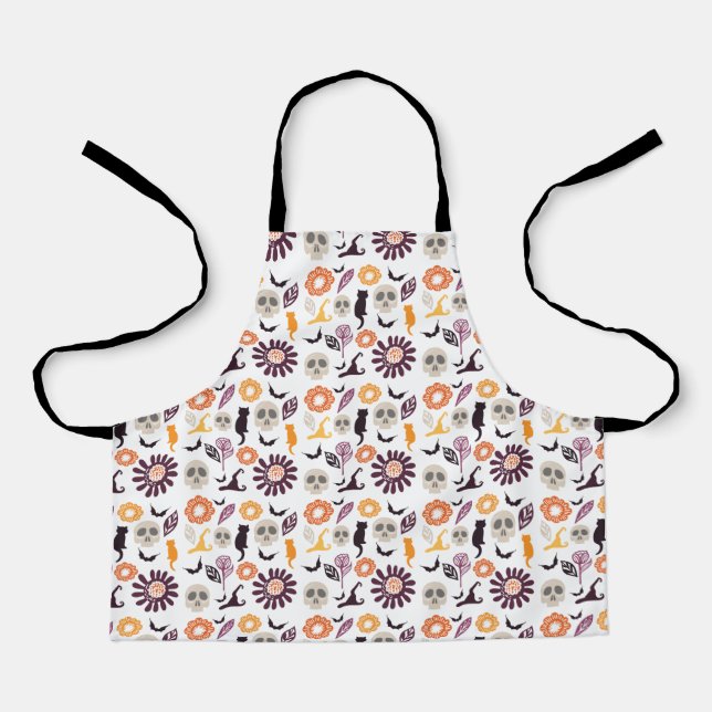 Cat, Skull, Bats & Flower Halloween Pattern White Apron (Front)