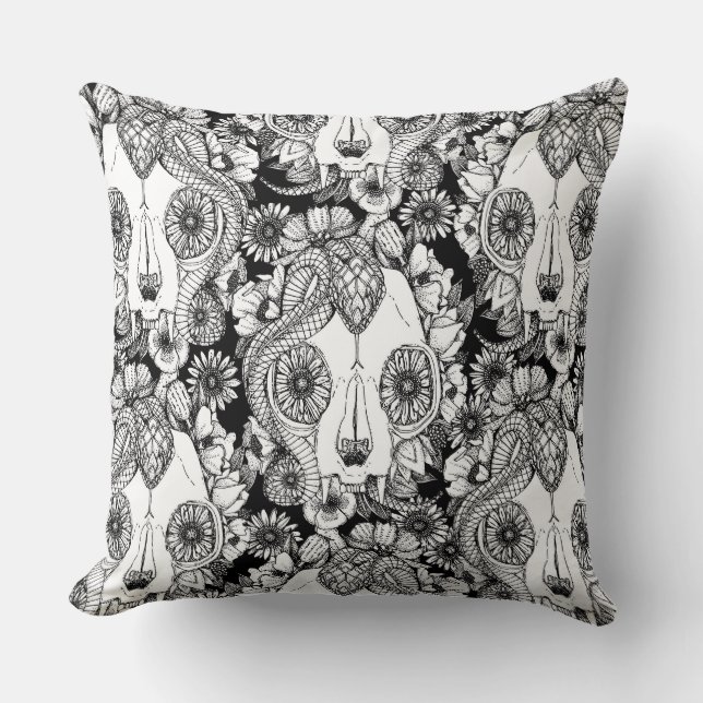 cat skull damask black white cushion (Front)