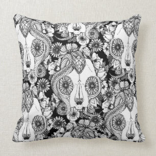 cat skull damask black white cushion