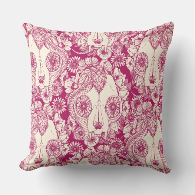 cat skull damask cherry cushion (Front)