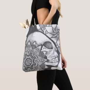 Cat skull mandala tote bag