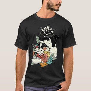 Cat Skull with Flowers Vintage Retro Graphic T-Shirt