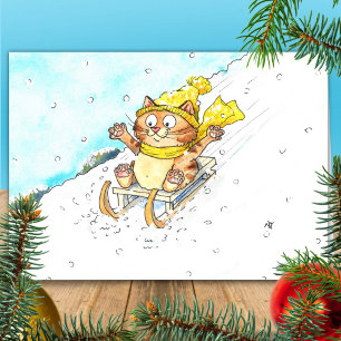 Cat Sledging Greeting  Card