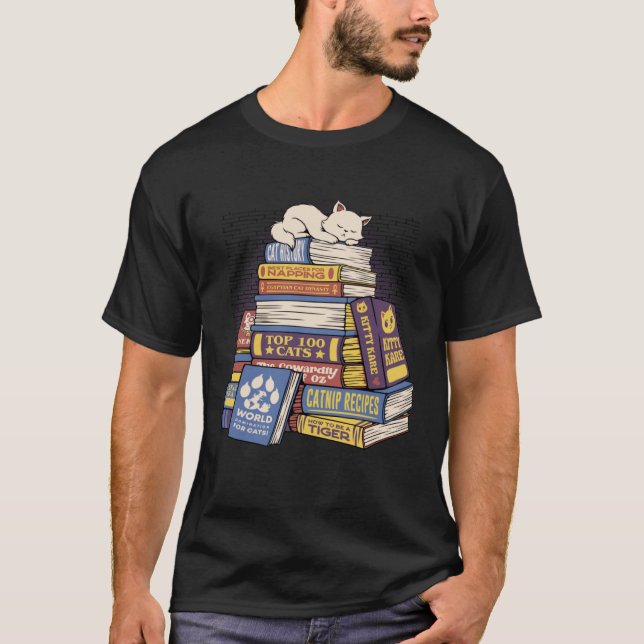 Cat Sleeping In A Stack Of Books Library Cute Book T-Shirt (Front)