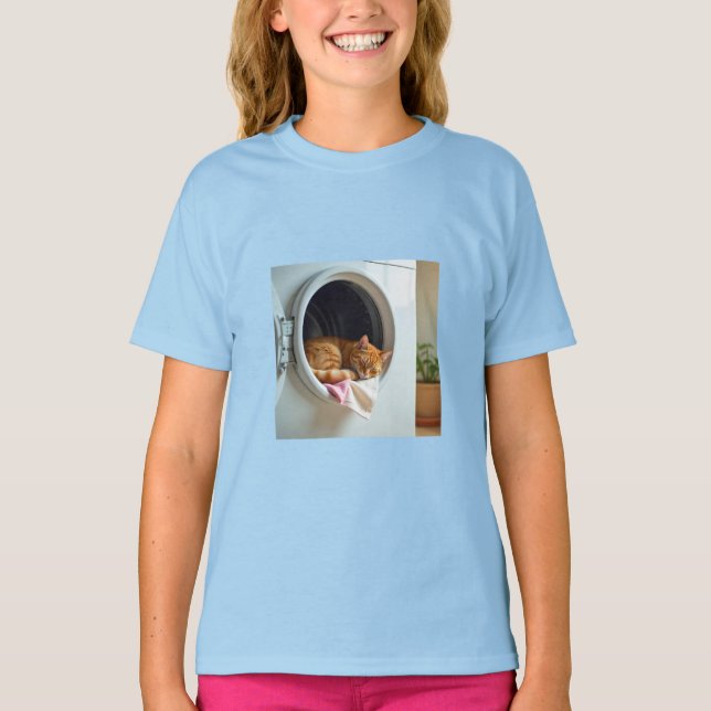 Cat sleeping in washing machine t-shirt (Front)