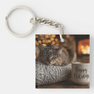 Cat Sleeping Next to a 'Happy Holidays" Mug Key Ring