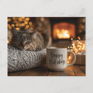 Cat Sleeping Next to a 'Happy Holidays" Mug Postcard