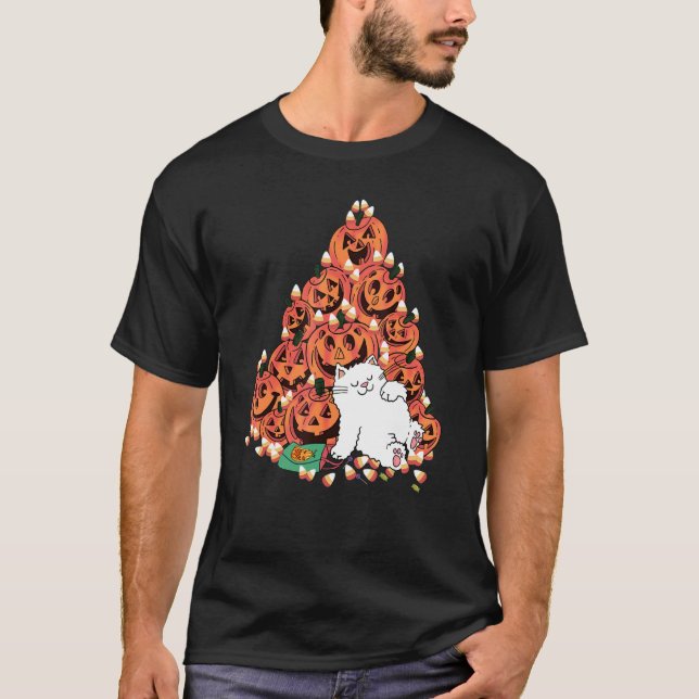 Cat Sleeping Next To Scary Pumpkin Candy Halloween T-Shirt (Front)