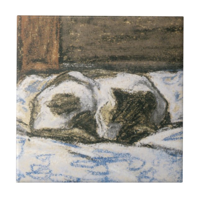 Cat Sleeping on a Bed by Claude Monet Ceramic Tile (Front)