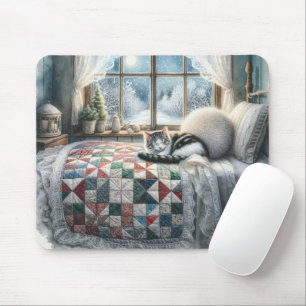 Cat Sleeping on Bed Quilt Mouse Pad