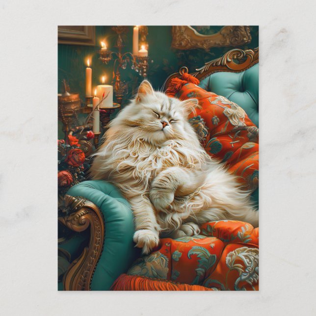 Cat Sleeping on Cozy Chair by Candlelight Postcard (Front)