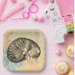 Cat sleeping on quilt cute paper plate
