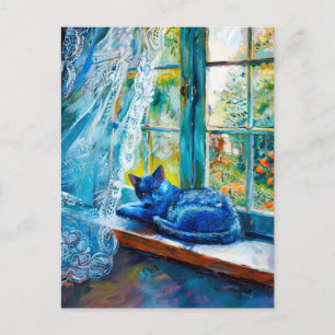 Cat Sleeping on Window Ledge Postcard