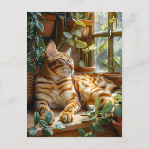 Cat Sleeping on Window Sill Among Flower Vines Postcard