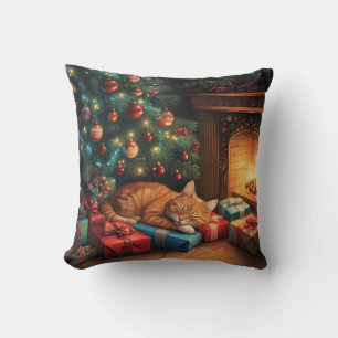 Cat sleeping peacefully under a Christmas tree Cushion
