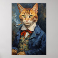 cat smoking Tobacco pipe art print, cat painting