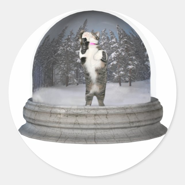 Cat snowglobe classic round sticker (Front)