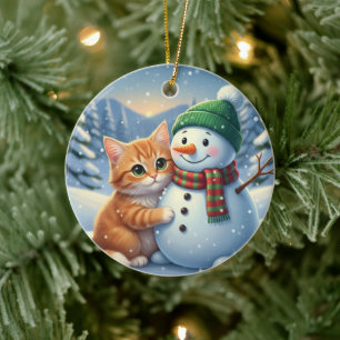 Cat & Snowman Friends Christmas Winter Companion  Ceramic Ornament