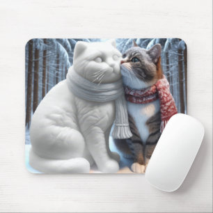 Cat Snuggling With a Snow Cat Sculpture Mouse Pad