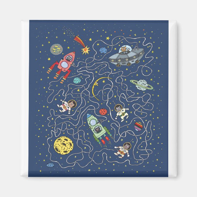 Cat Space Astronaut Rocket Maze Puzzle Mystery Magnet (Front)