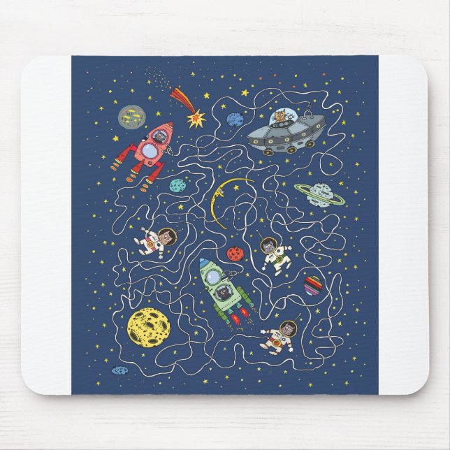 Cat Space Astronaut Rocket Maze Puzzle Mystery Mouse Pad (Front)