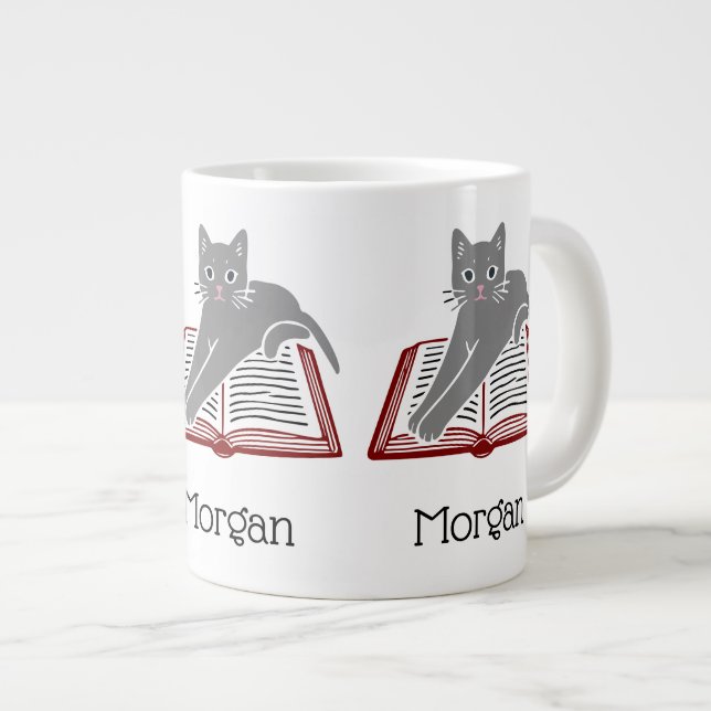 Cat Sprawled Across Book Drawing DIY Colours Large Coffee Mug (Front Right)