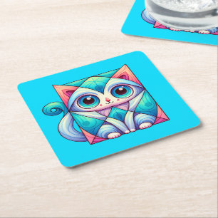Cat Square Illustration shirt, Cat with Big Eyes Paper Coaster