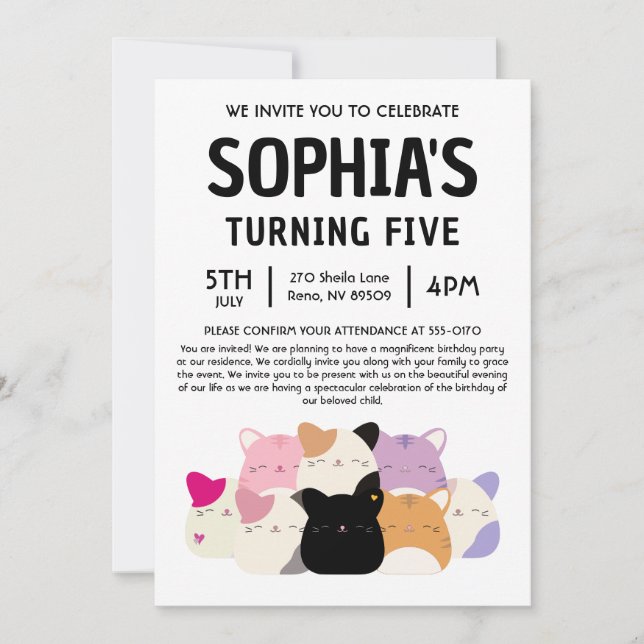 Cat Squishmallow Birthday Party Invitation (Front)