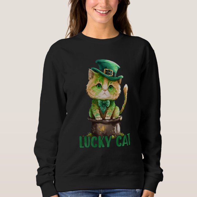 Cat St Patrick Leprechaun Shamrock Irish Lucky Cat Sweatshirt (Front)
