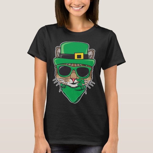 Cat St Patricks Day Shamrock Sunglasses Irish Pats T-Shirt (Front)