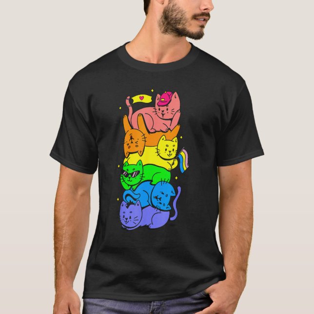 Cat Stack Rainbow Gay Pride Cute LGBT Animal Pet T-Shirt (Front)