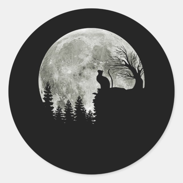 Cat Standing On Mountain Moonlight Halloween Classic Round Sticker (Front)