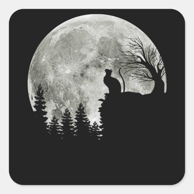 Cat Standing On Mountain Moonlight Halloween Square Sticker (Front)