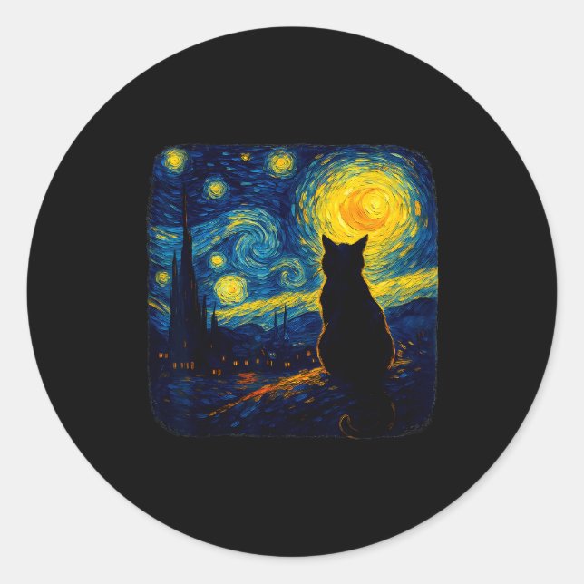 Cat Starry Funny Night Cat Lover Van Gogh Cat Mom  Classic Round Sticker (Front)