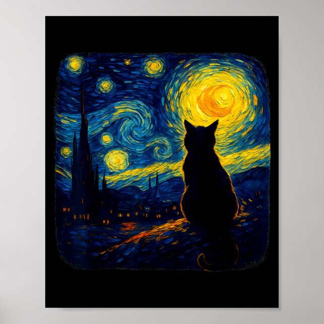Cat Starry Funny Night Cat Lover Van Gogh Cat Mom  Poster (Front)