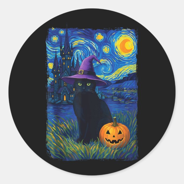 Cat Starry Night Halloween Classic Round Sticker (Front)