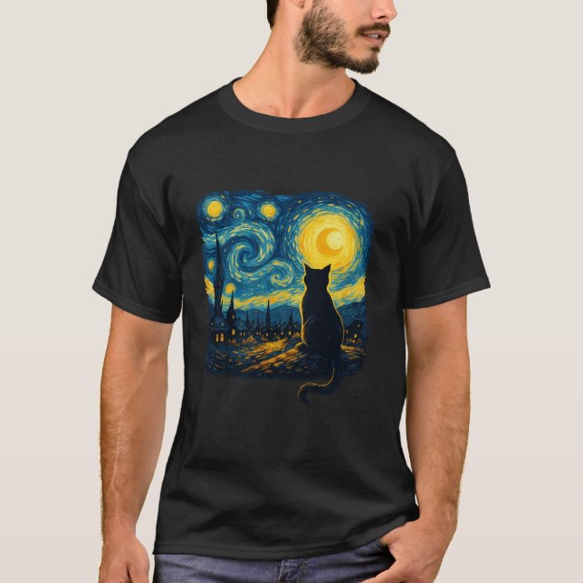 Cat Starry Night Van Gogh Cat for Cat Lover Cat Mo T-Shirt (Front)