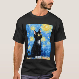 Cat Starry Night Van Gogh Cat Funny Black Cat Art T-Shirt