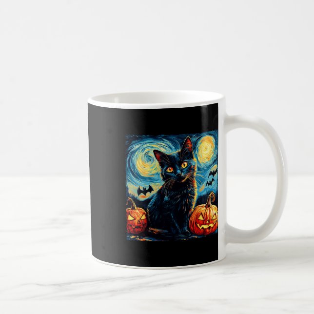 Cat Starry Night Van Gogh Cat Lover Pumpkins Bats  Coffee Mug (Right)
