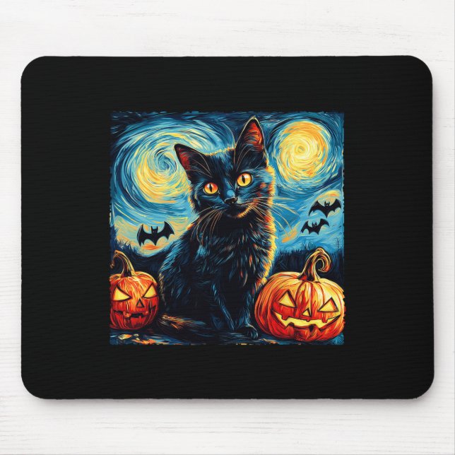 Cat Starry Night Van Gogh Cat Lover Pumpkins Bats  Mouse Pad (Front)