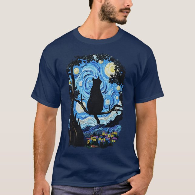 Cat Starry Night Van Gogh Gift for Cat Lovers1 vin T-Shirt (Front)