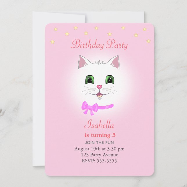 Cat & Stars on Light Pink Girl Birthday Invitation (Front)