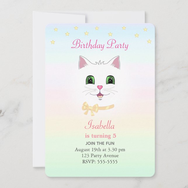 Cat & Stars on Pastel Colours Birthday Invitation (Front)