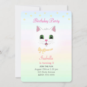 Cat & Stars on Pastel Colours Birthday Invitation