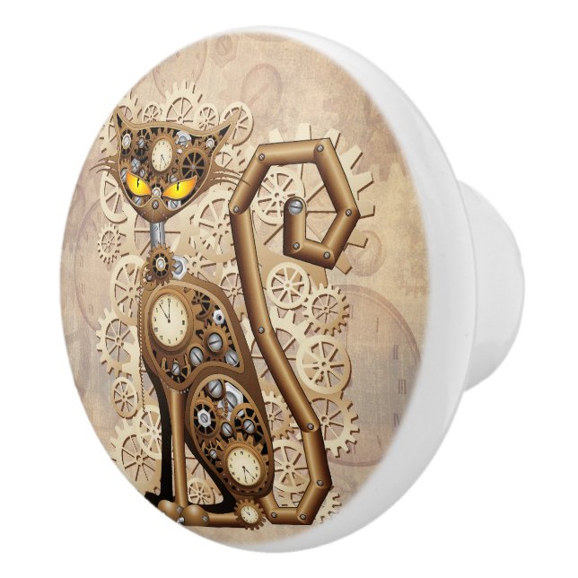 Cat Steampunk Vintage Retro Style Machine  Ceramic Knob (Right)