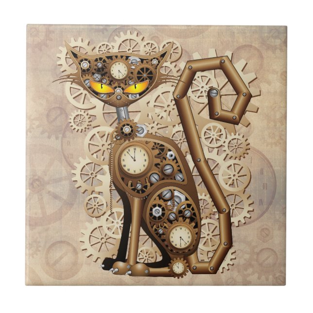 Cat Steampunk Vintage Retro Style Machine  Ceramic Tile (Front)