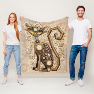 Cat Steampunk Vintage Retro Style Machine Fleece Blanket