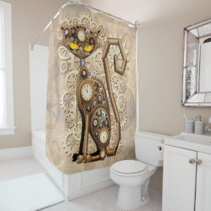 Cat Steampunk Vintage Retro Style Machine  Shower Curtain